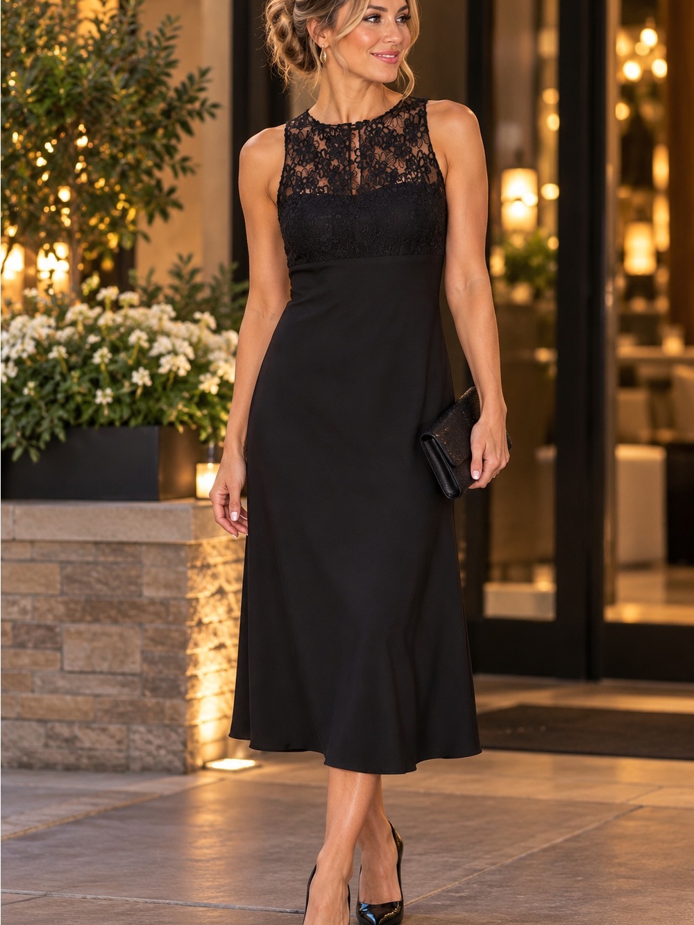 Jones New York Dress Size 12 Black Floral Lace Sleeveless Cocktail Dress